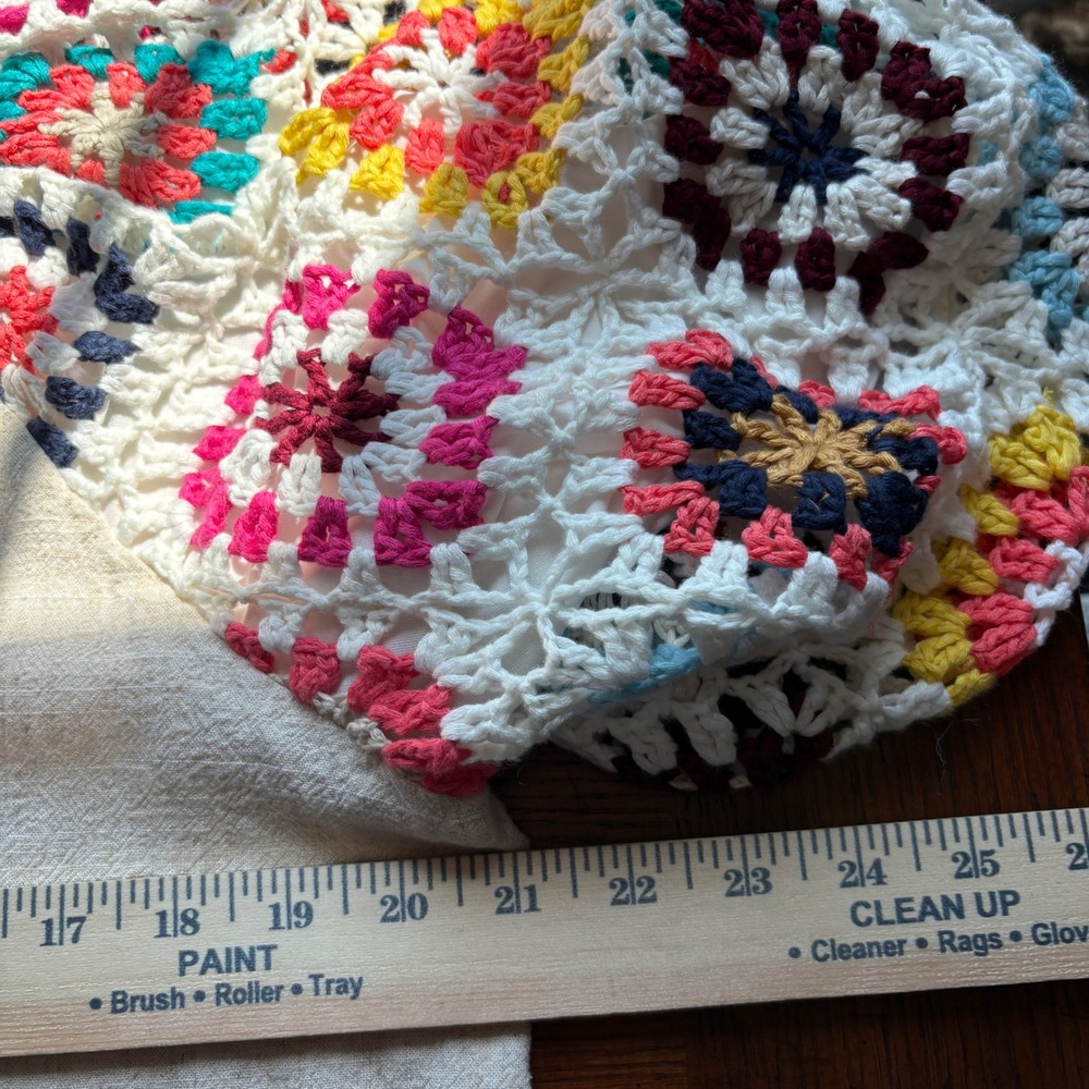 Umgee Linen Blend Crochet Boho Granny Square Sleeve Blouse Top Tan Multi L A0382 - Picture 10 of 12